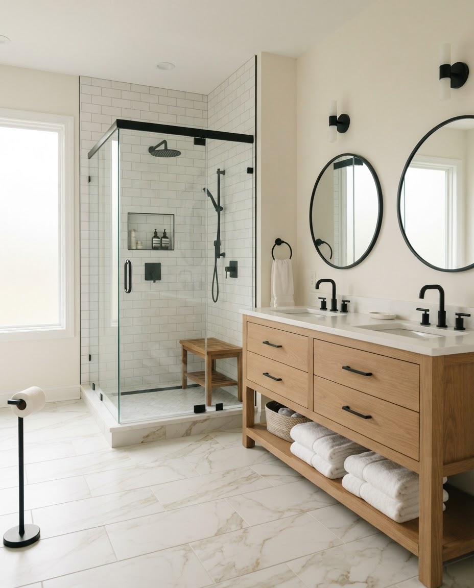 After: renovated primary bathroom with a curbless tiled shower, oak double vanity, and quartz counter