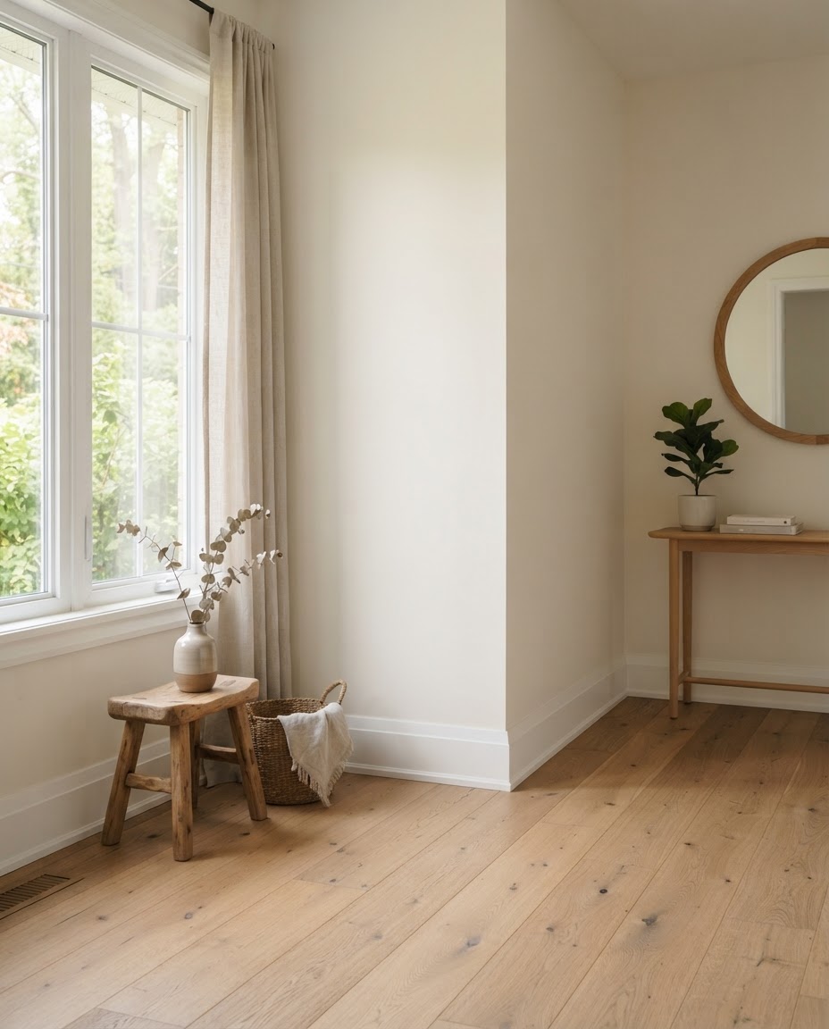 After: repainted room with warm off-white walls, crisp new baseboards, and oak flooring