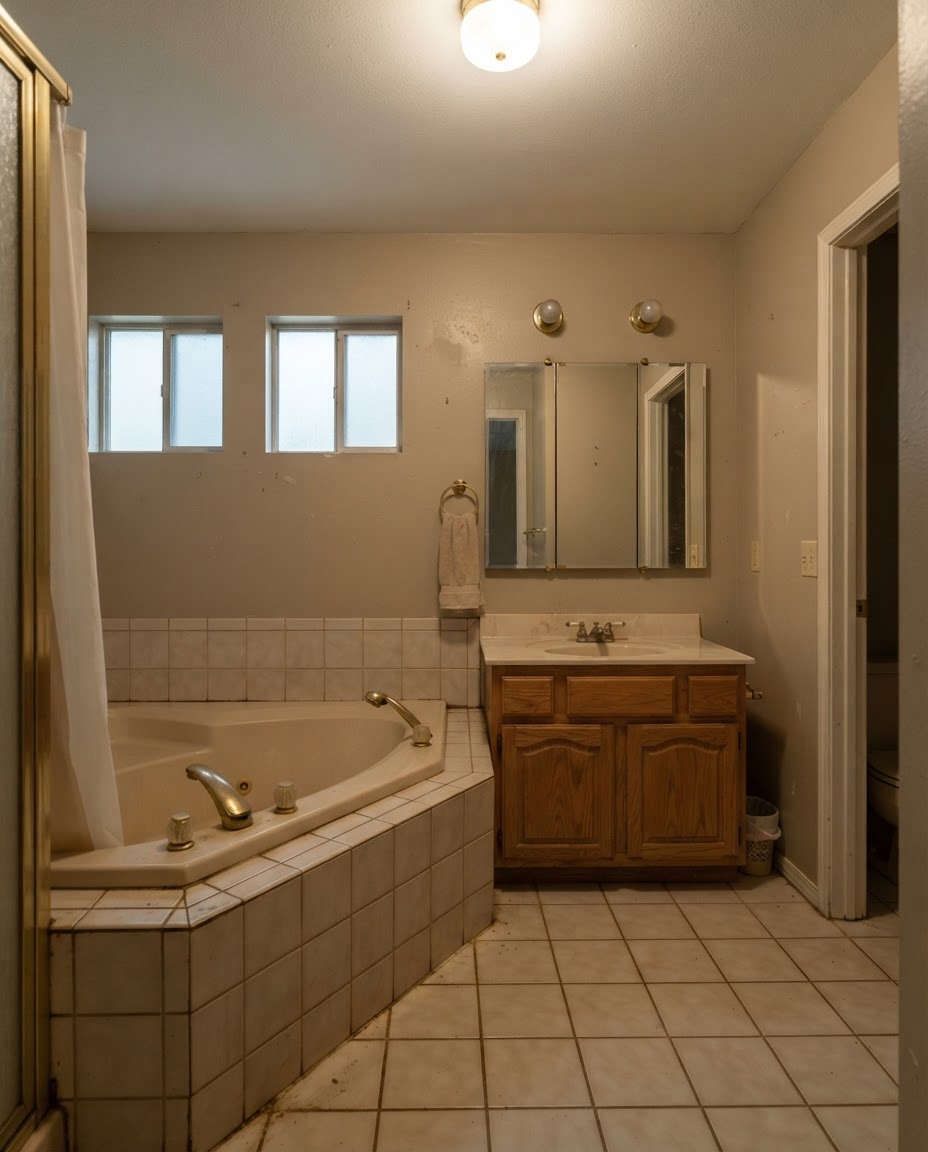 Before: dated primary bathroom with a corner garden tub, beige tile, and an oak vanity