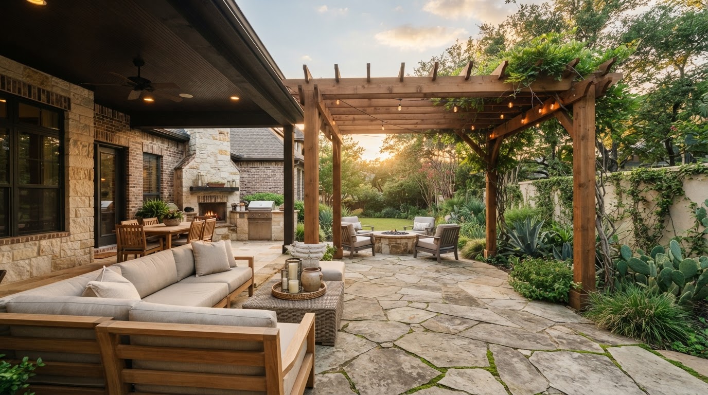 Finished backyard patio with a cedar pergola, stone paving, and outdoor seating in late afternoon light