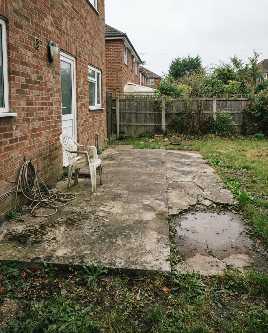 Before: bare, stained concrete patio slab with water pooling against the back of the house