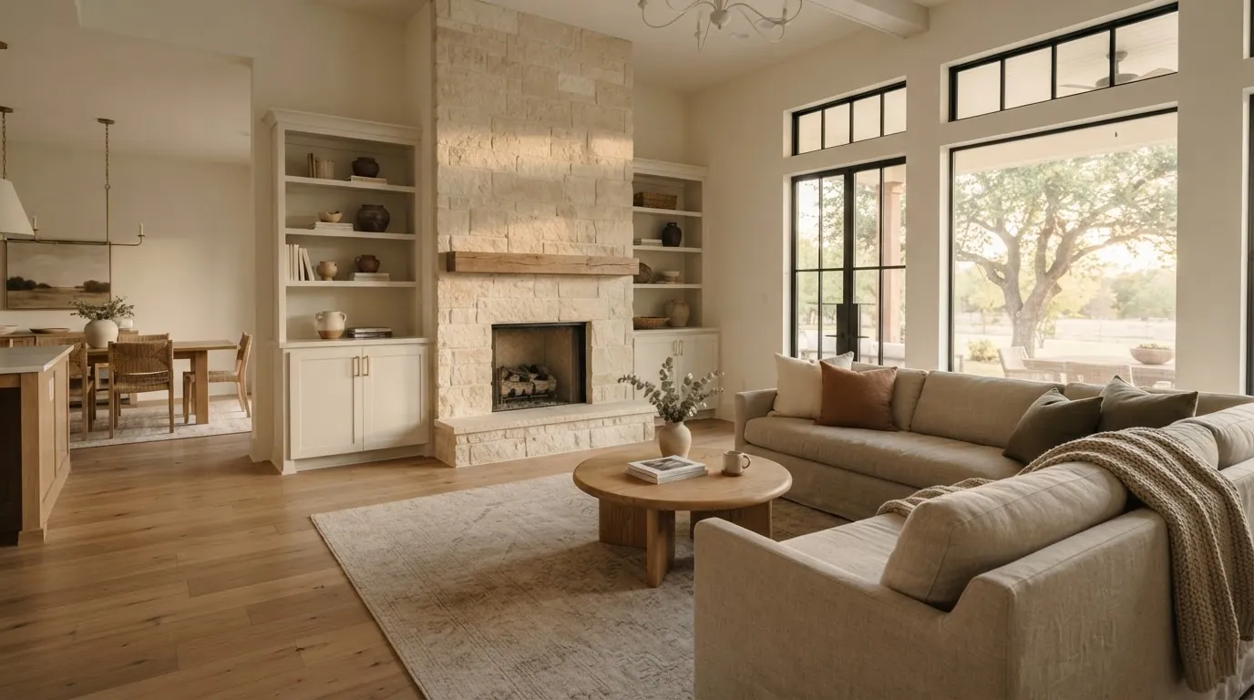 Home improvement services example: completed open living room renovation with custom built-ins, a stone fireplace, and warm oak flooring