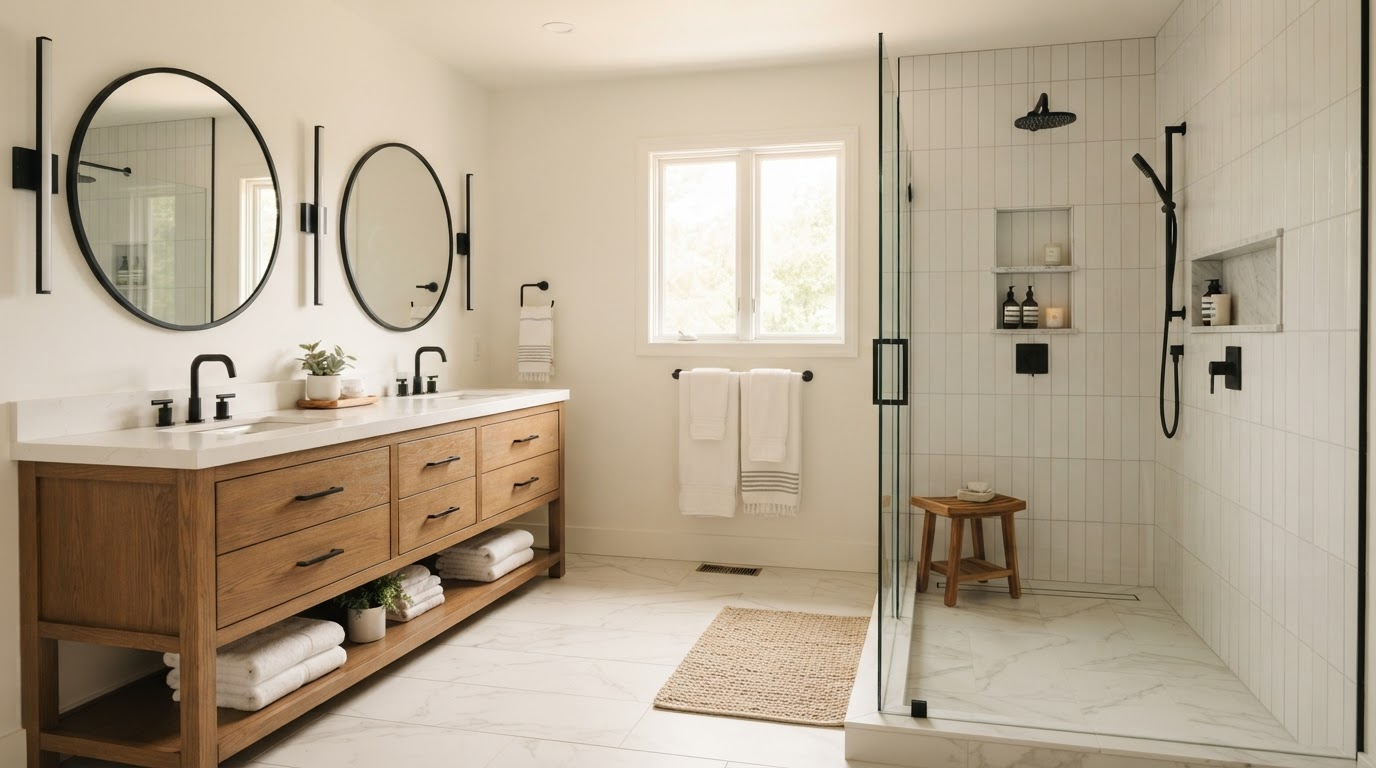 Completed primary bathroom renovation with a tiled walk-in shower, oak double vanity, and matte black fixtures