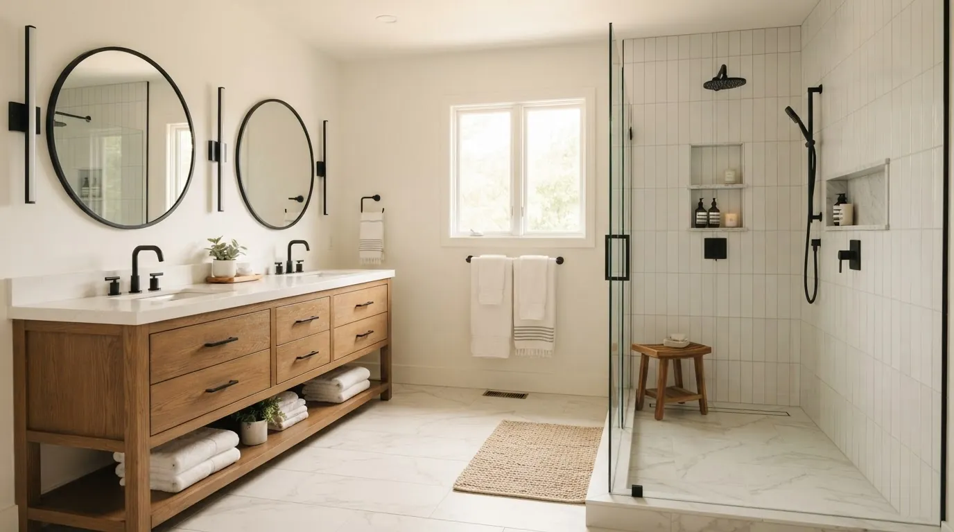 Completed primary bathroom renovation with a tiled walk-in shower, oak double vanity, and matte black fixtures