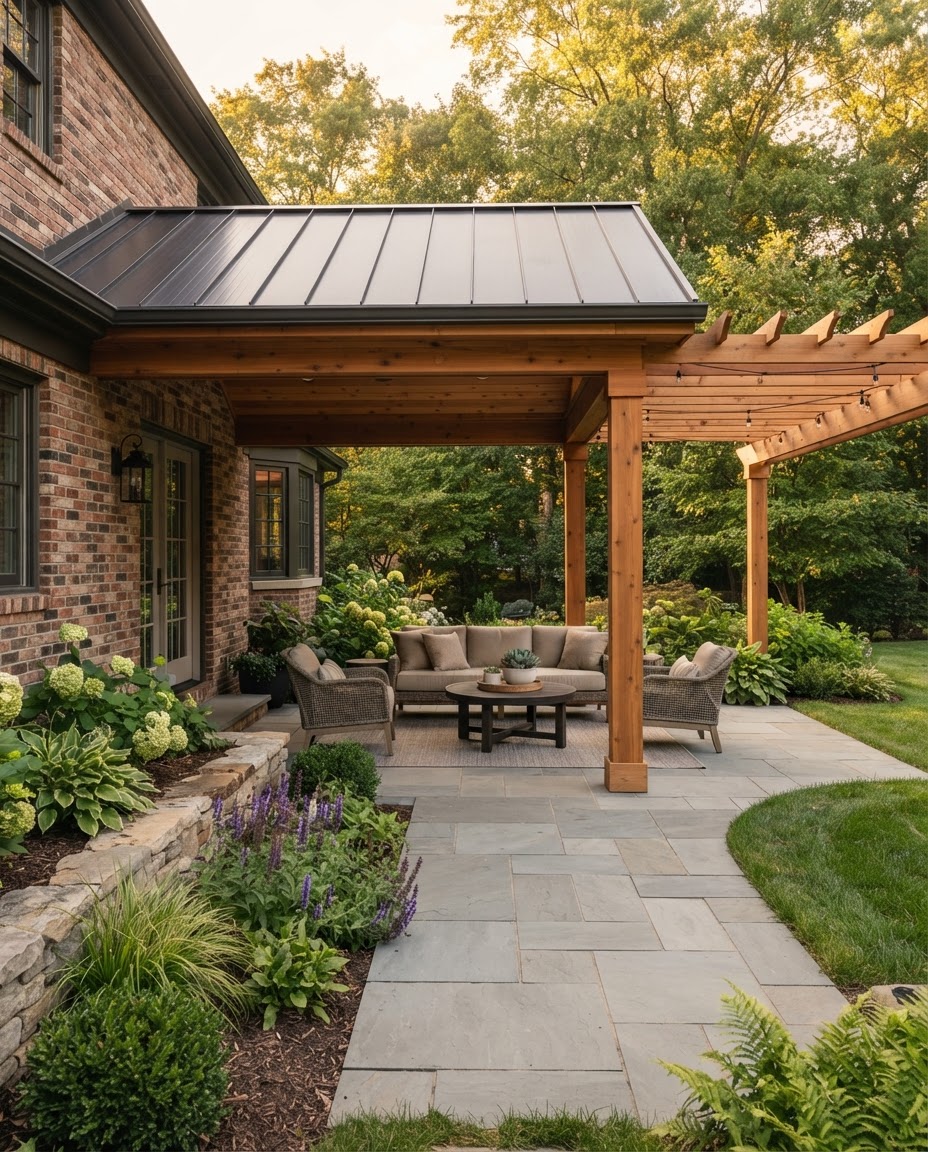 After: covered patio with a cedar pergola, new stone paving, corrected grading, and outdoor seating