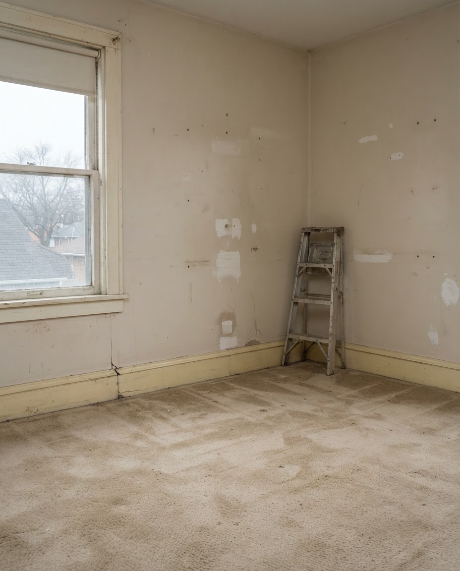 Before: empty room with tired beige builder-grade paint, patched drywall, and dated trim
