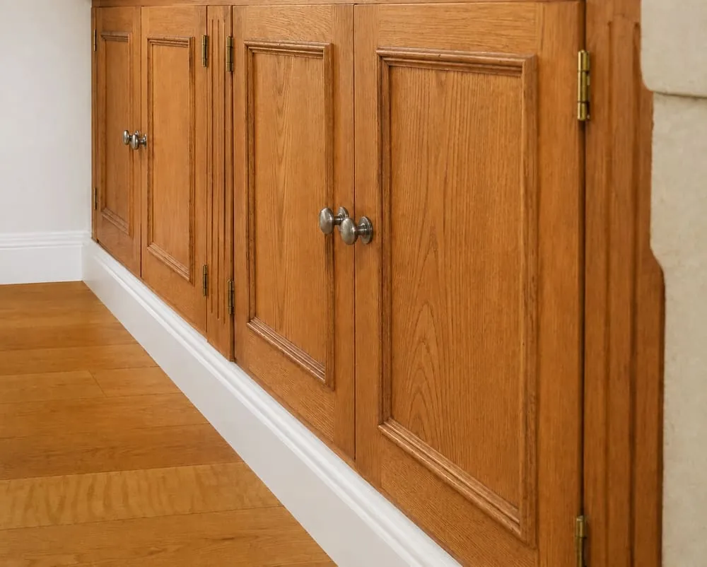 Before: run of kitchen cabinet doors in their original honey-oak finish above a wood floor