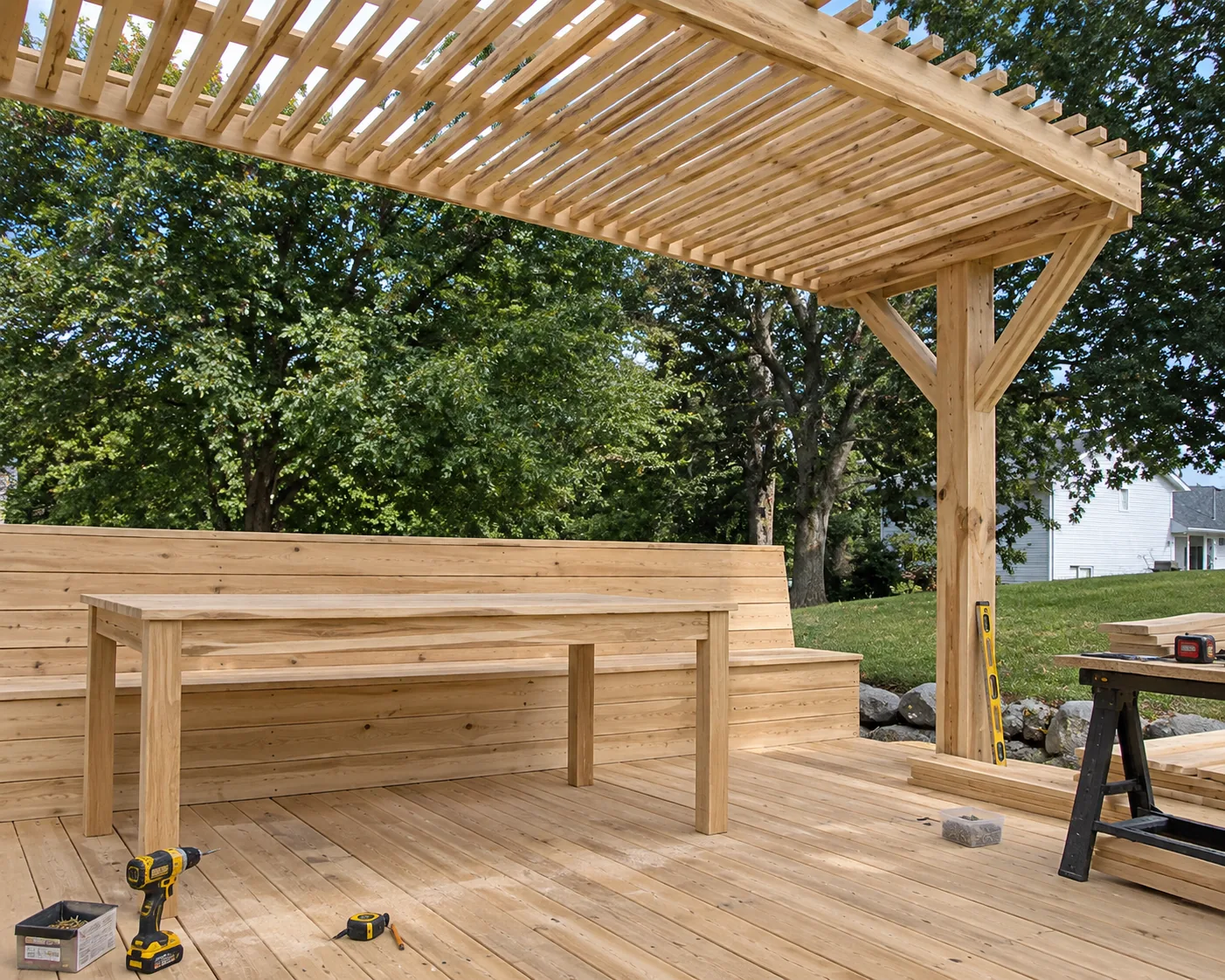 Before: cedar pergola and deck under construction, with raw unfinished lumber, a level, and tools set out on the deck boards