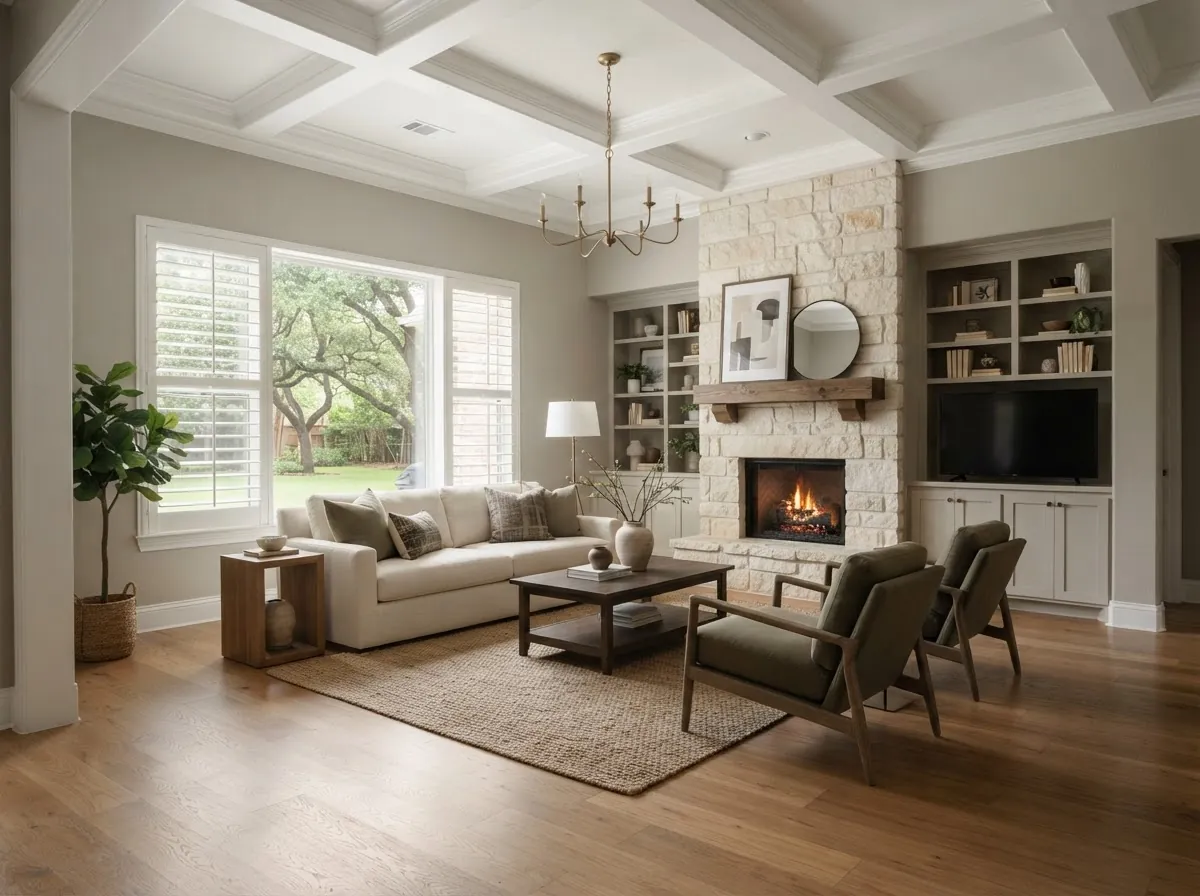 Living room after interior painting, with warm neutral walls, a white coffered ceiling, a stone fireplace, and freshly finished white trim