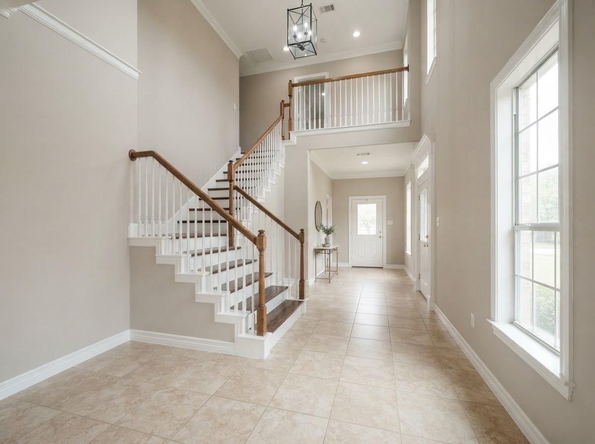 Two-storey entry hall painted in warm greige, with white trim, crown moulding, and a white stair balustrade