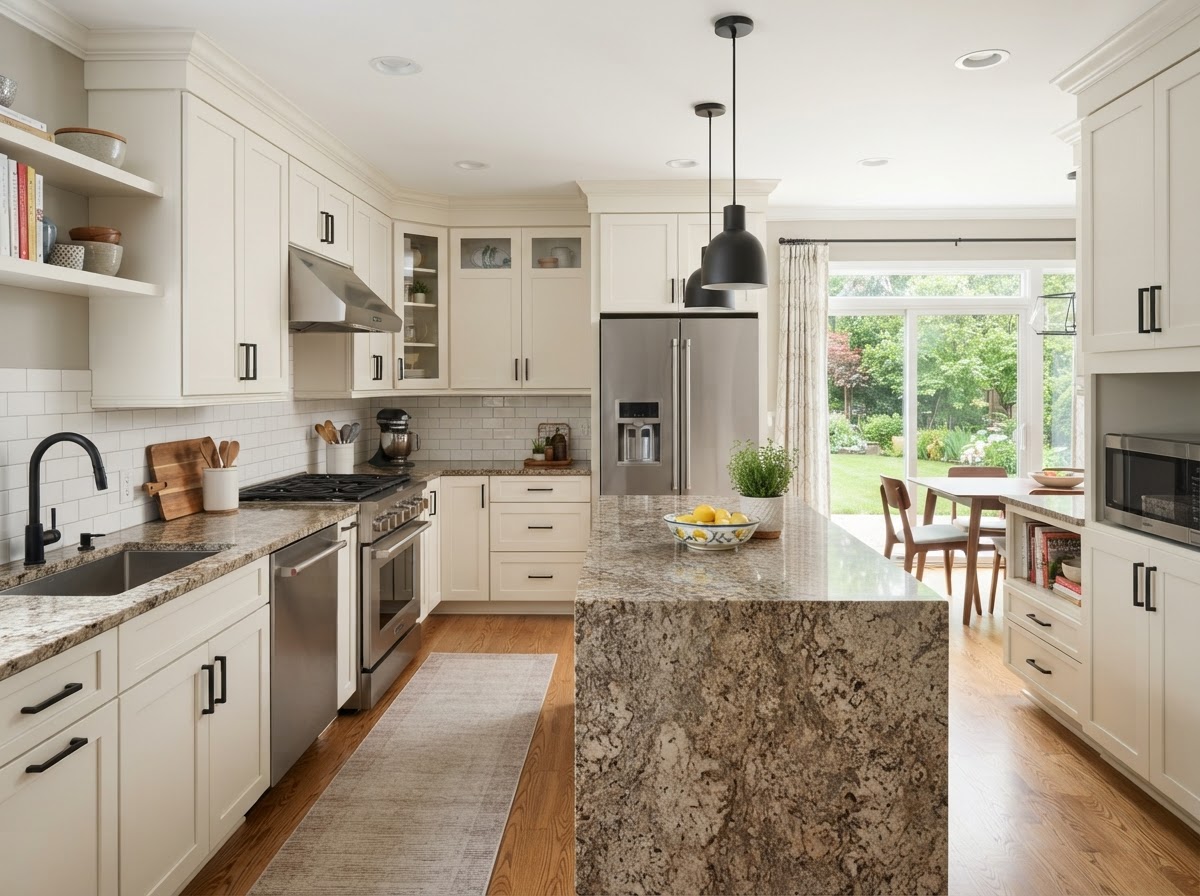 Kitchen finished in cream cabinetry with a granite island and garden doors beyond