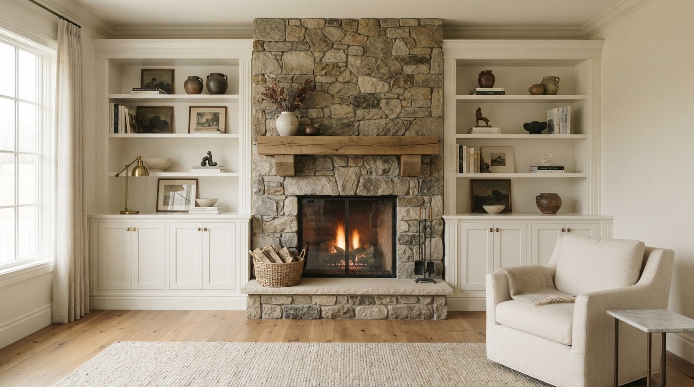 Custom white built-in shelving and cabinetry flanking a stone fireplace in a warm neutral living room