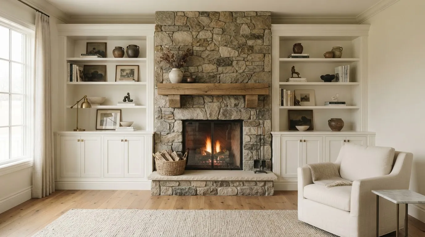 Custom white built-in shelving and cabinetry flanking a stone fireplace in a warm neutral living room