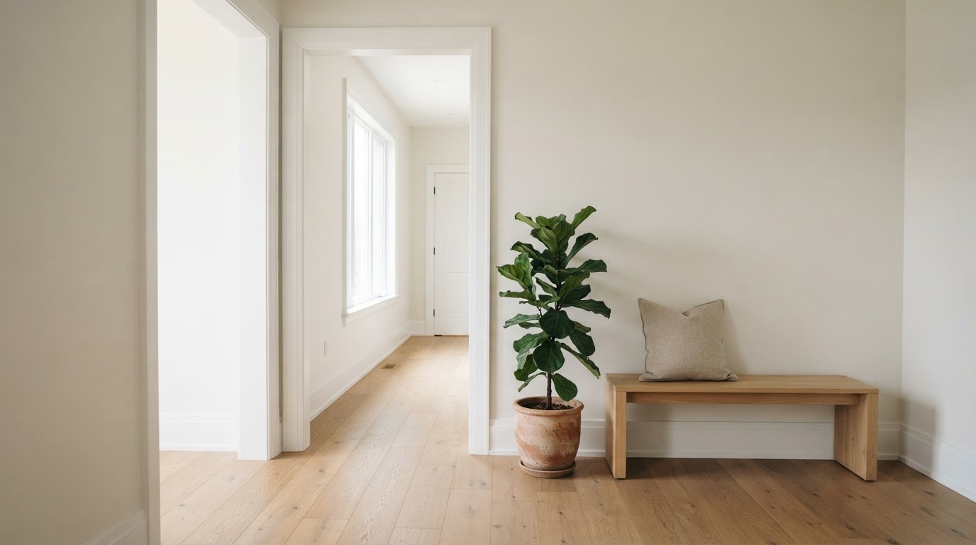 Freshly painted interior with soft off-white walls, crisp white trim, and wide-plank oak flooring