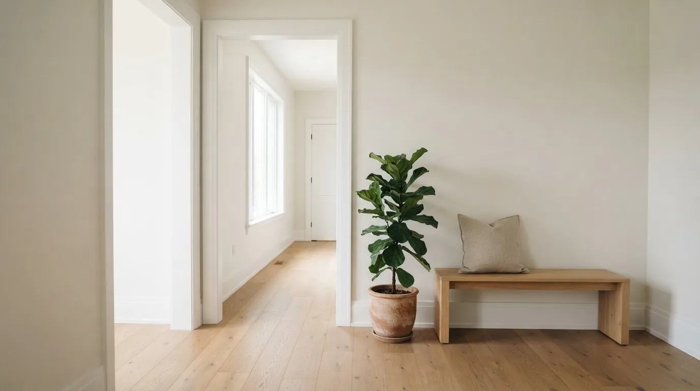 Freshly painted interior with soft off-white walls, crisp white trim, and wide-plank oak flooring